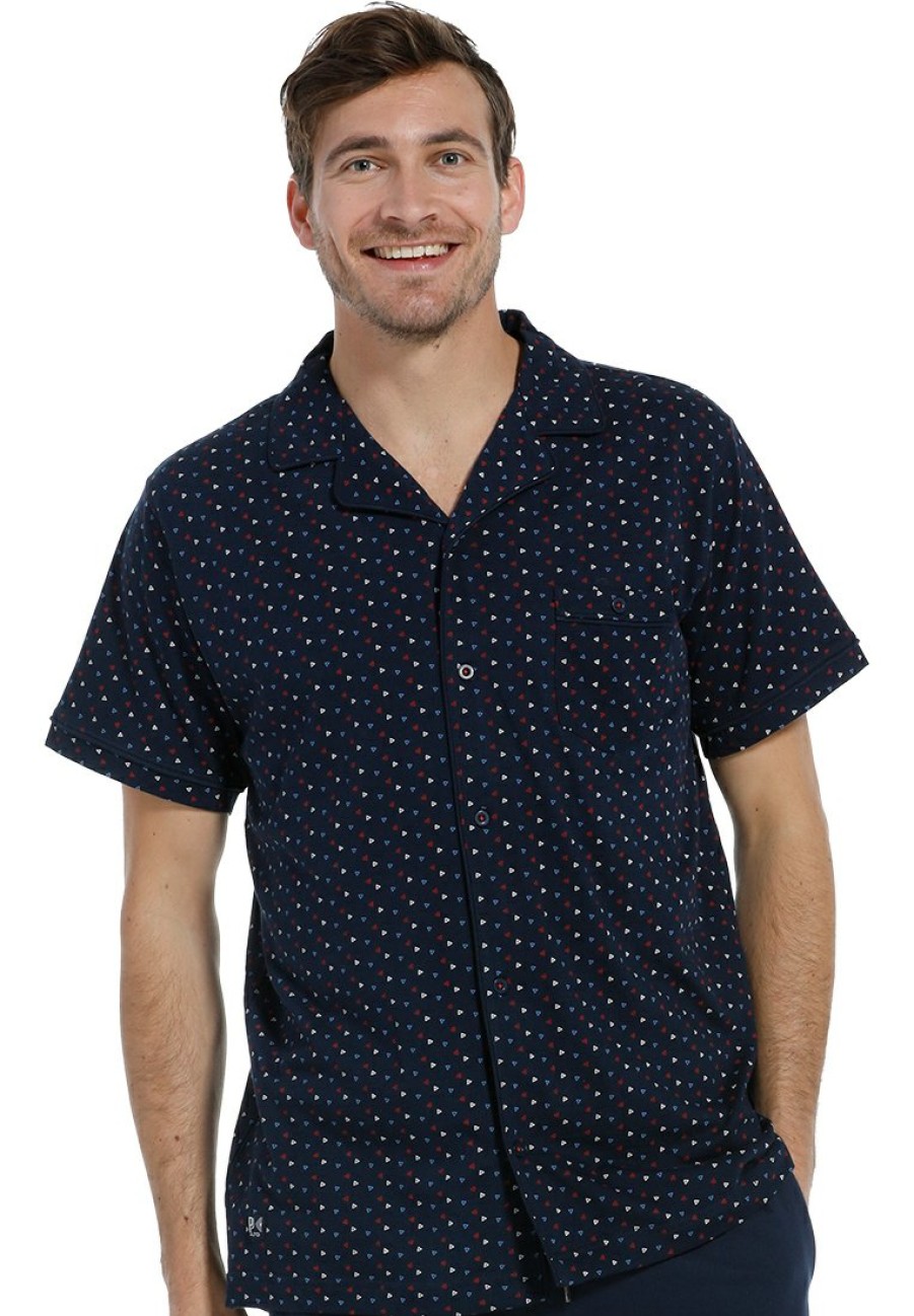 Pastunette for Men Mix & Match | Pastunette For Men Blue Cotton Short Sleeved Full Button Men'S Pyjama Top ' Trendy Triangles'