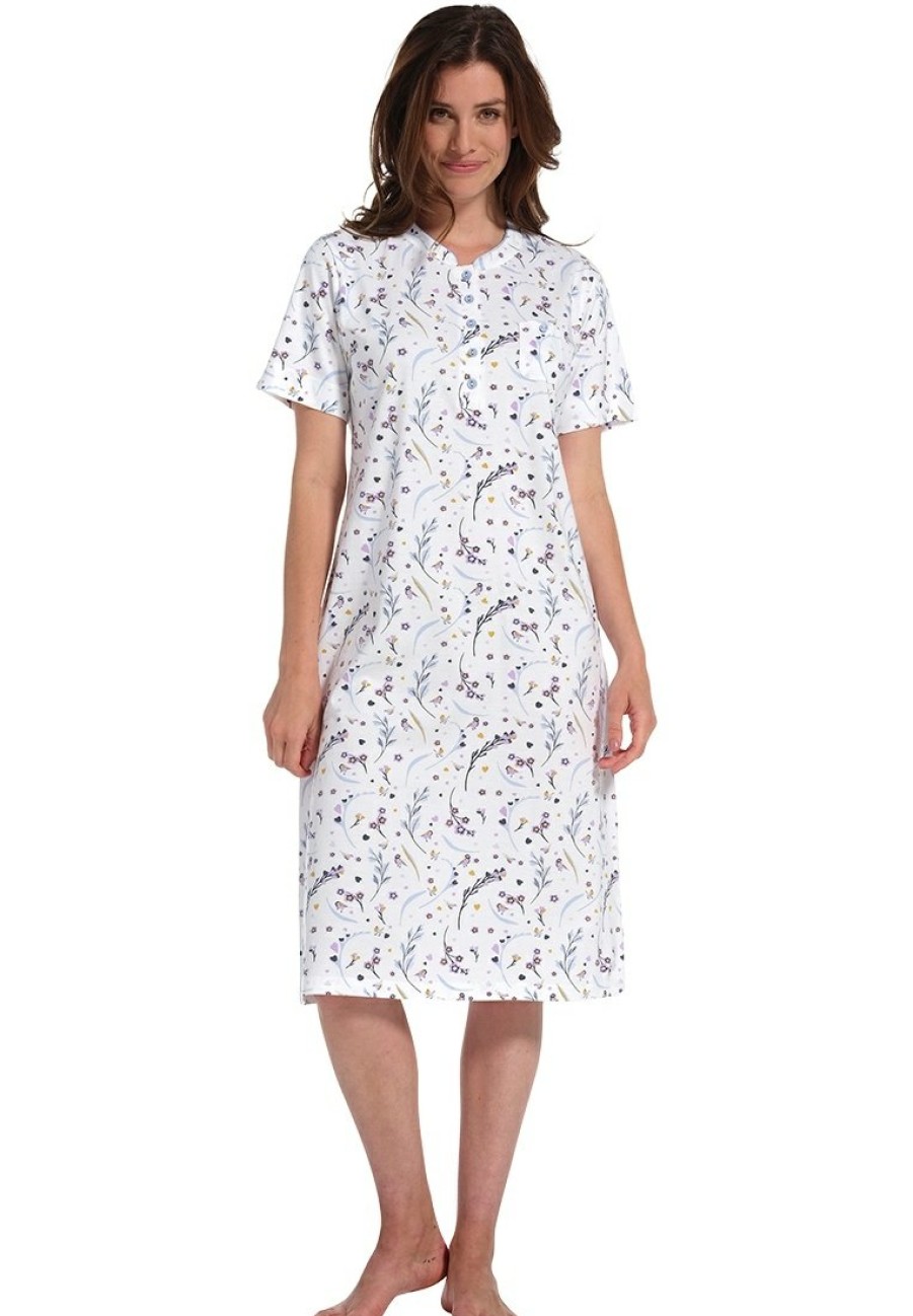 Pastunette Nightshirts | Pastunette Short Sleeve Cotton Nightdress With Buttons 'Little Love Birds'