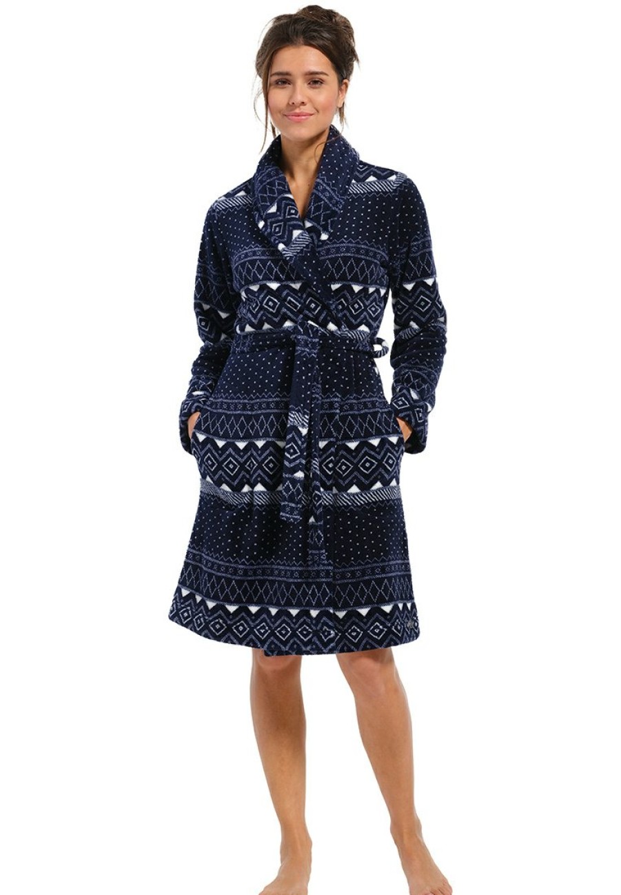 Rebelle Bathrobes | Rebelle Dark Blue Soft Coral Fleece Wrap-Over Morninggown 'Nordic Beauty'