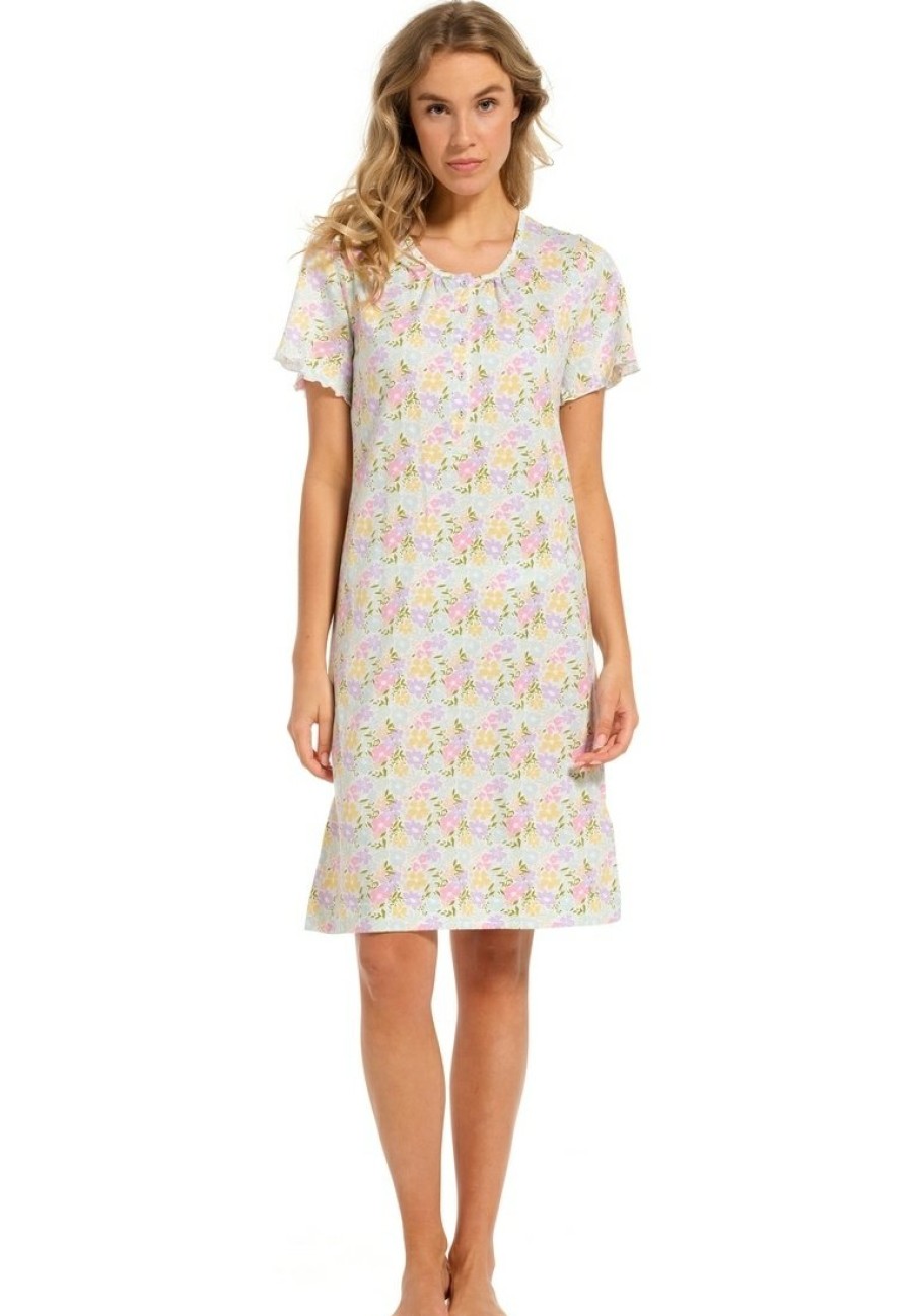 Pastunette Nightshirts | Pastunette Ladies Short Sleeve Organinic Cotton Nightdress With Buttons 'Blossoms Yellow'