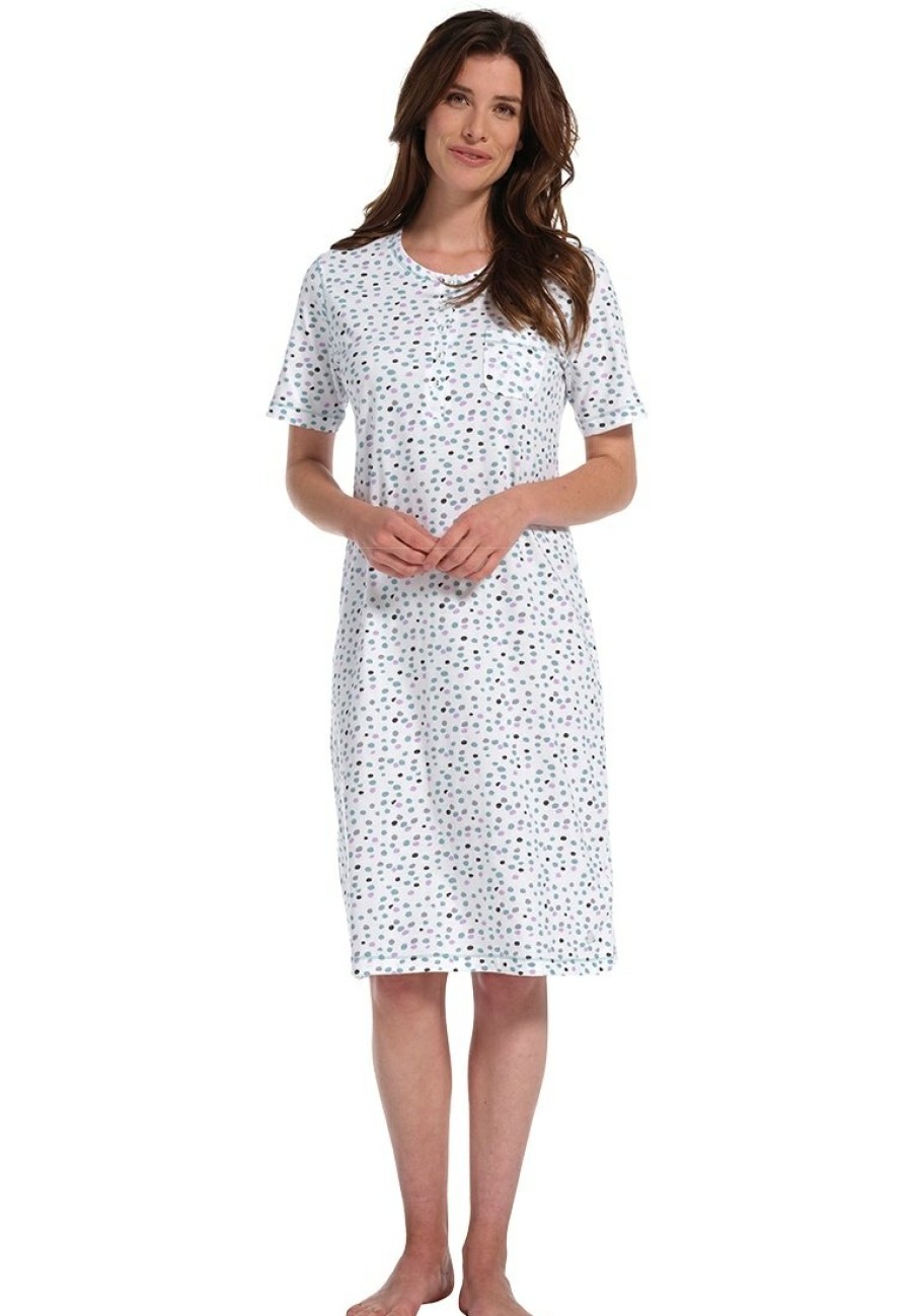 Pastunette Nightshirts | Pastunette Ladies Short Sleeve Cotton Nightdress With Buttons 'Softly Dotty'