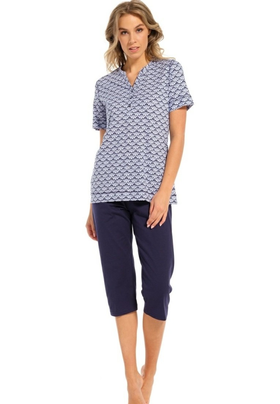 Pastunette Pyjamas | Pastunette Ladies Short Sleeve Cotton 3/4 Pyjama Set With Buttons 'Flower Fan'