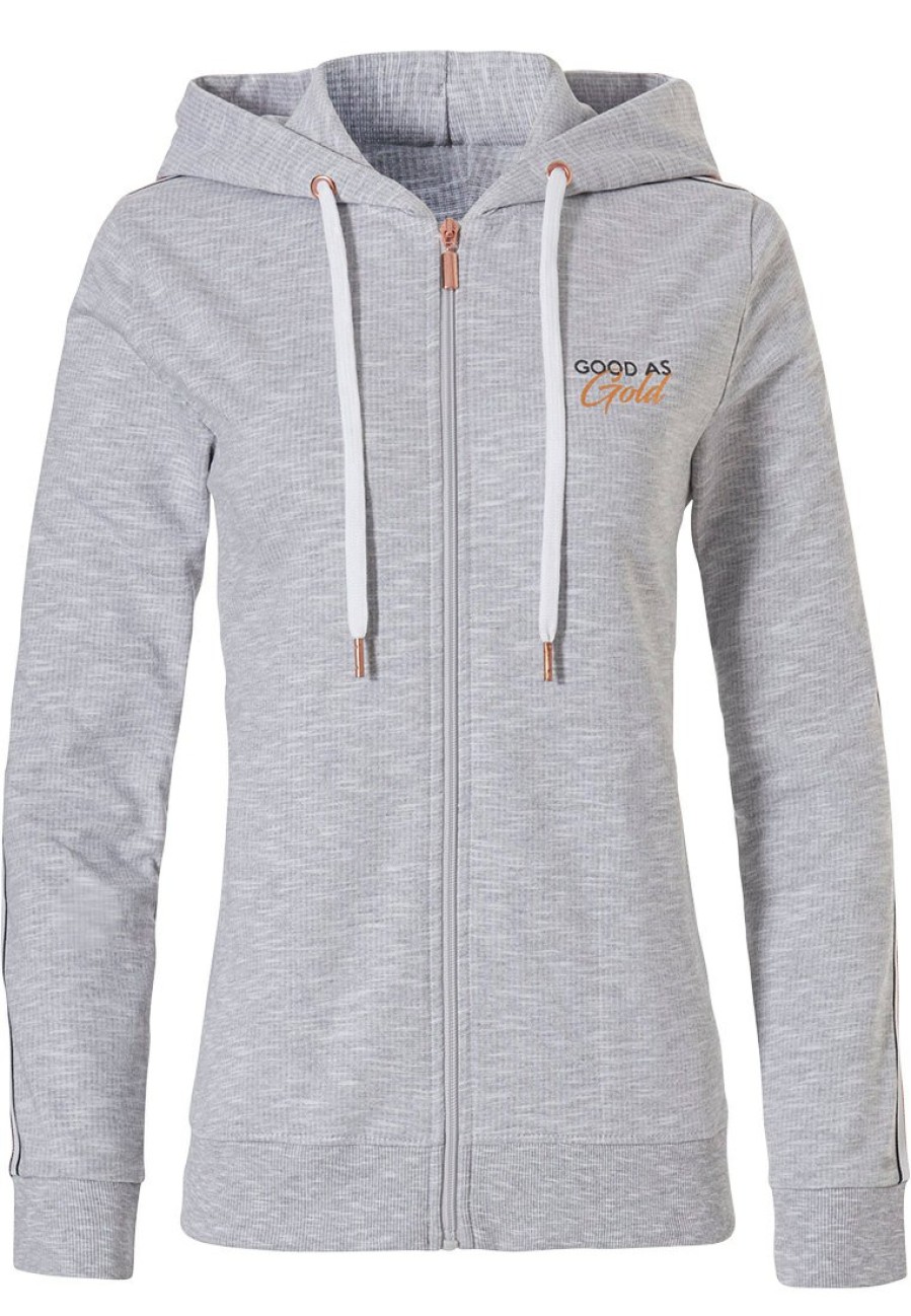 Rebelle Mix & Match | Rebelle 'Good As Gold' Ladies Light Grey Mix & Match Summer Hoody With Zip And Trendy Gold Stripe