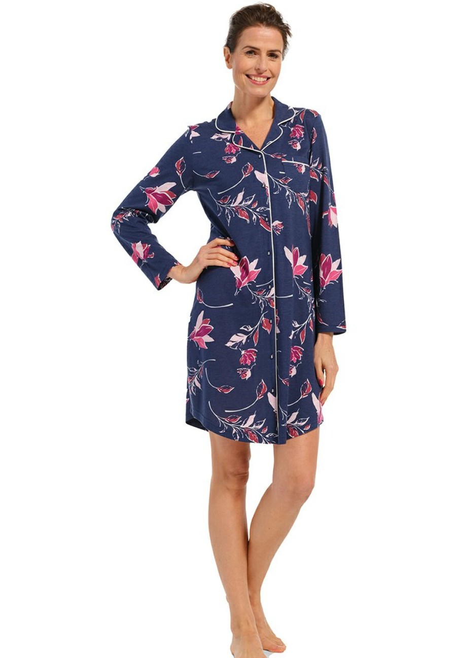 Pastunette Nightshirts | Pastunette Ladies Full Button Cotton-Modal Nightdress 'Fuchsia Flower Garden'