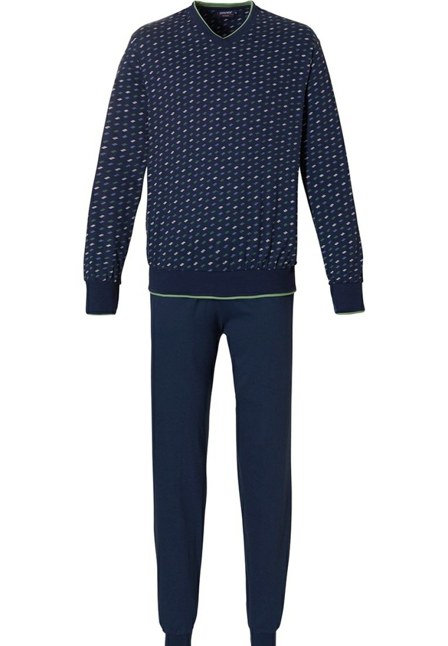 Pastunette for Men Pyjamas | Pastunette For Men Dark Blue 'V' Neck Cotton Pyjama With Cuffs 'Chain Link'