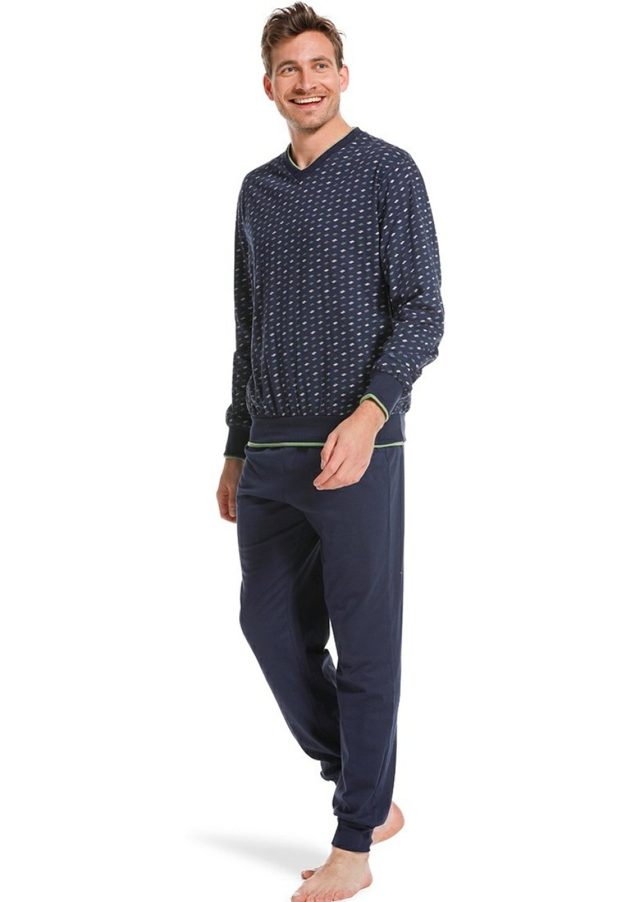 Pastunette for Men Pyjamas | Pastunette For Men Dark Blue 'V' Neck Cotton Pyjama With Cuffs 'Chain Link'