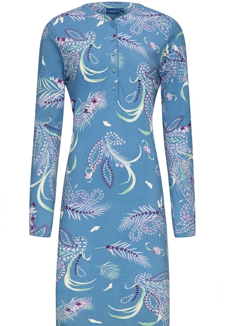 Pastunette Nightshirts | Pastunette Ladies Longer Length Cotton Nightdress With Buttons 'Paisley Peacock' (105Cm)