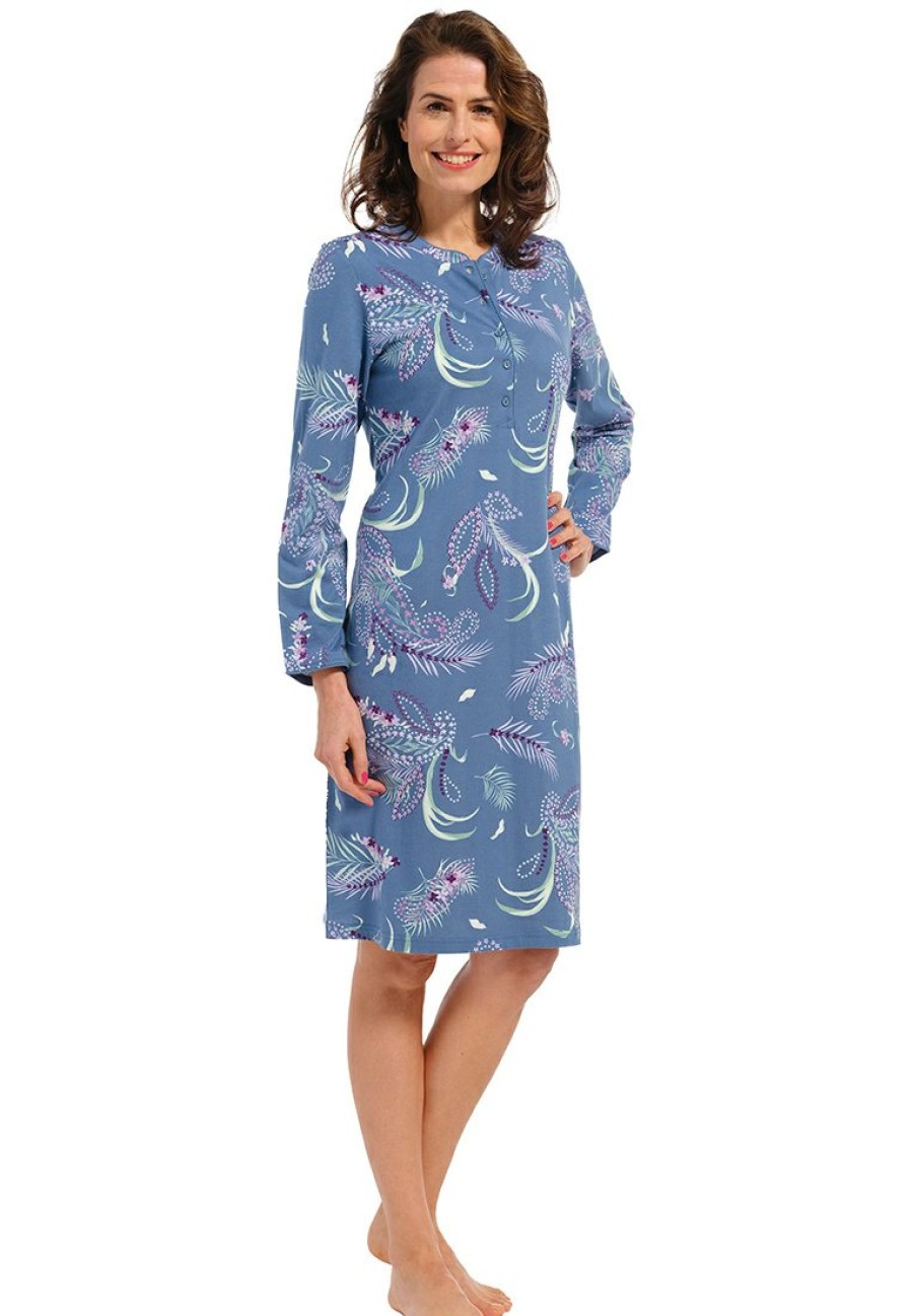 Pastunette Nightshirts | Pastunette Ladies Longer Length Cotton Nightdress With Buttons 'Paisley Peacock' (105Cm)