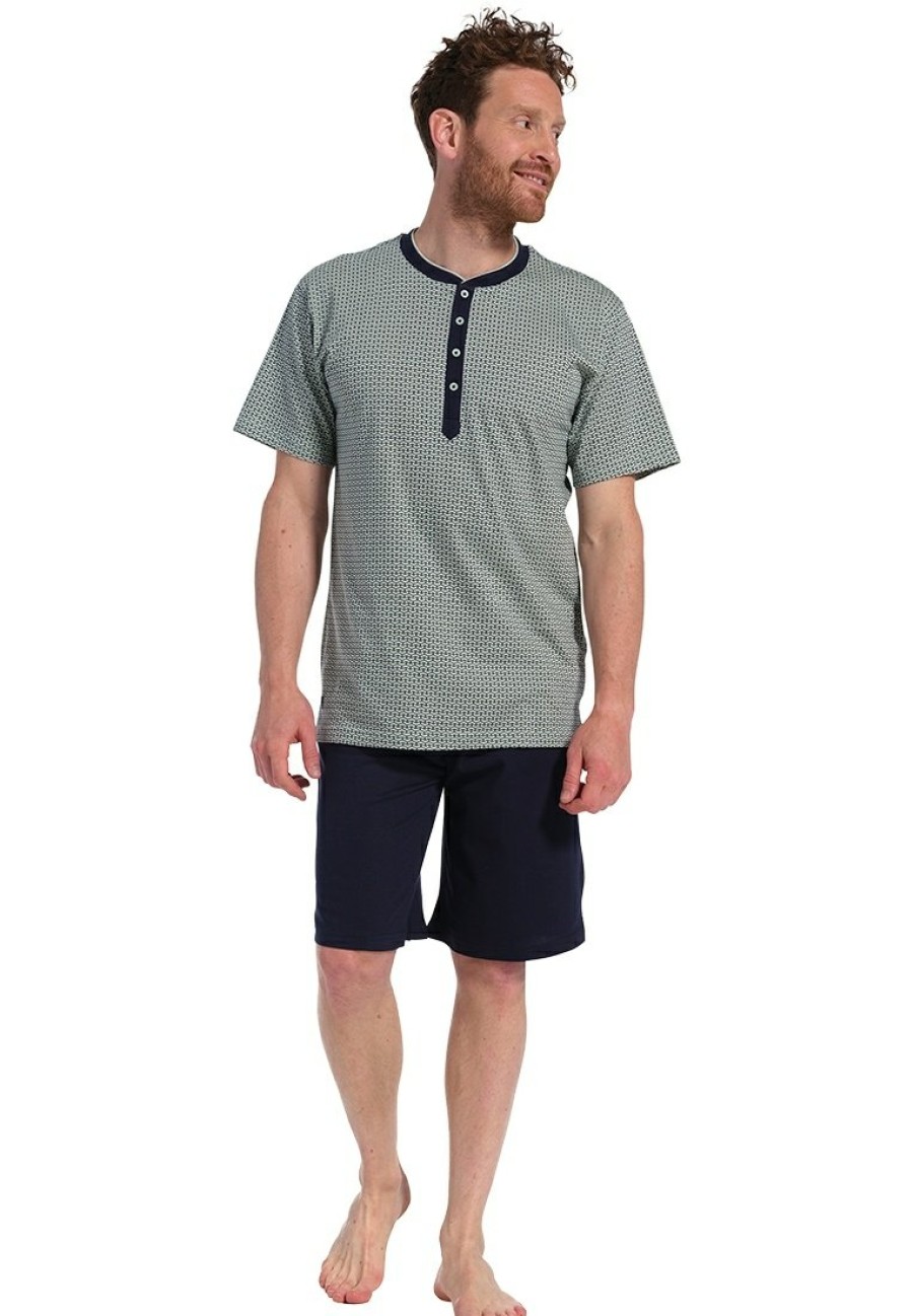 Pastunette for Men Shorty Set | Pastunette For Men Light Green Cotton Shorty Set With Buttons 'Link Of Bricks'