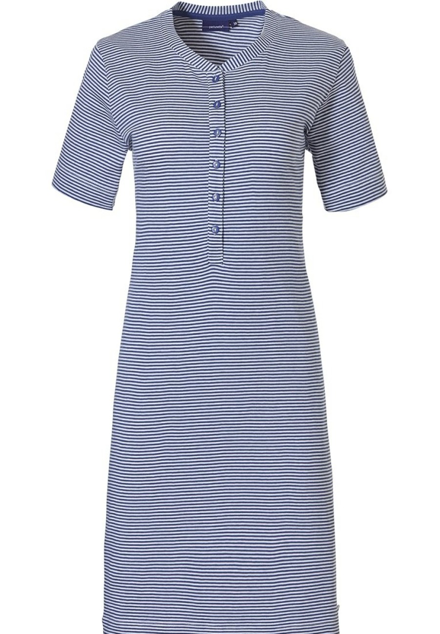 Pastunette Nightshirts | Pastunette Ladies Short Sleeve Cotton Nightdress With Buttons 'Dark Blue Fine Stripes'