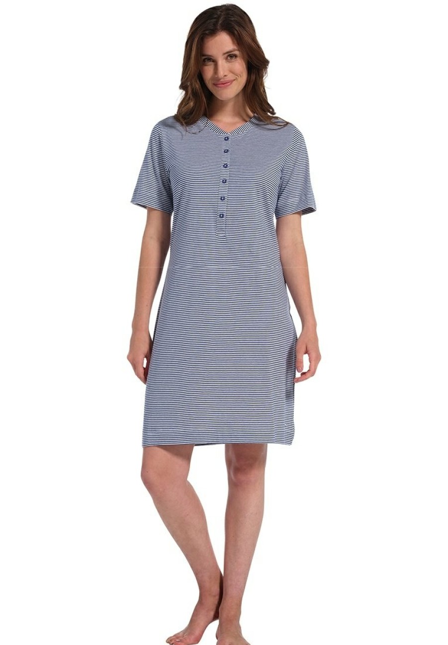 Pastunette Nightshirts | Pastunette Ladies Short Sleeve Cotton Nightdress With Buttons 'Dark Blue Fine Stripes'