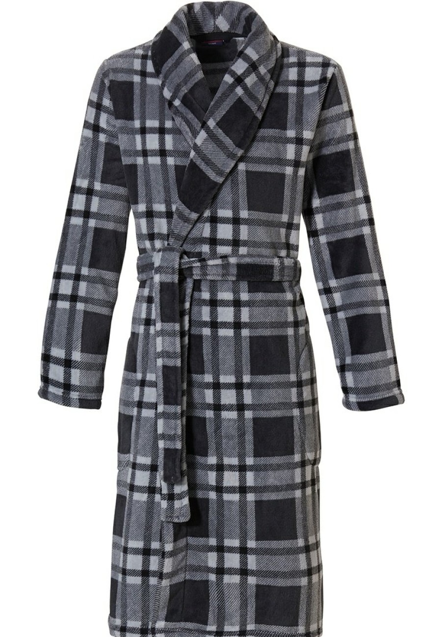 Pastunette for Men Bathrobes | Pastunette For Men Grey Fleece Wrap-Over Morningown With Belt 'Sporty Checks'