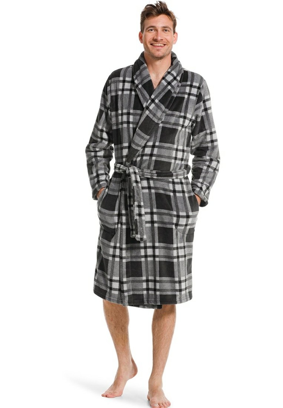 Pastunette for Men Bathrobes | Pastunette For Men Grey Fleece Wrap-Over Morningown With Belt 'Sporty Checks'