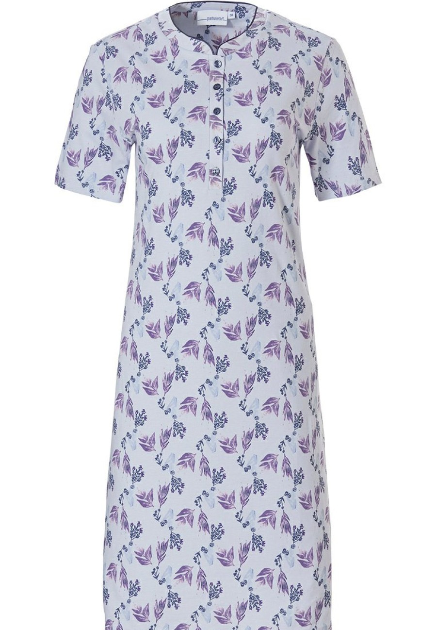 Pastunette Nightshirts | Pastunette 'Floral Delight Short Sleeve Light Blue & Purple, Ladies Cotton Nightdress With 5 Buttons