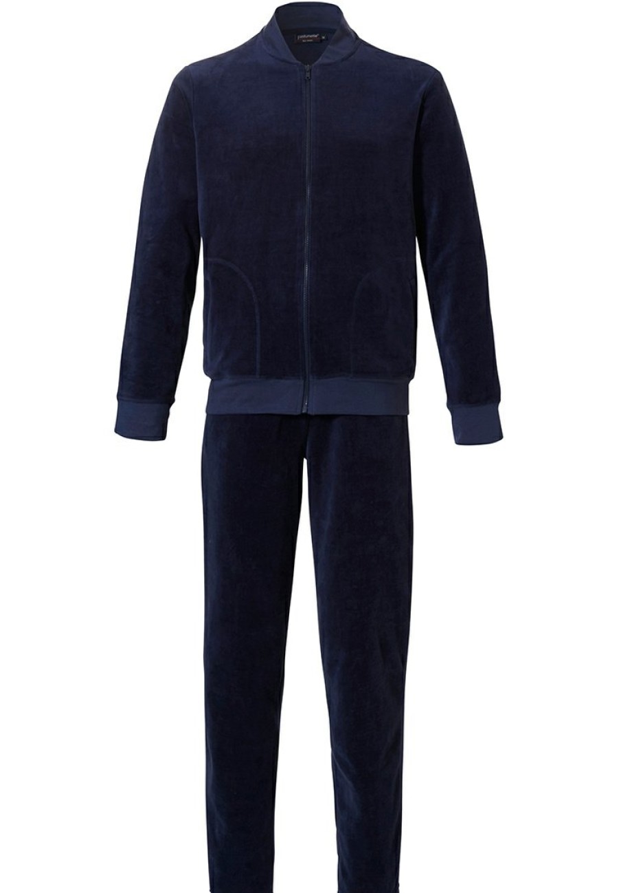 Pastunette for Men Homesuits | Pastunette For Men Men'S Dark Blue Cotton - Velvet Lounge Homesuit With Full Zip 'Classic Sporty'