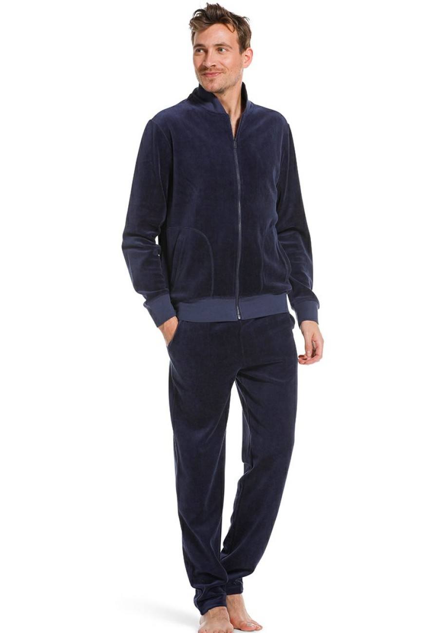 Pastunette for Men Homesuits | Pastunette For Men Men'S Dark Blue Cotton - Velvet Lounge Homesuit With Full Zip 'Classic Sporty'