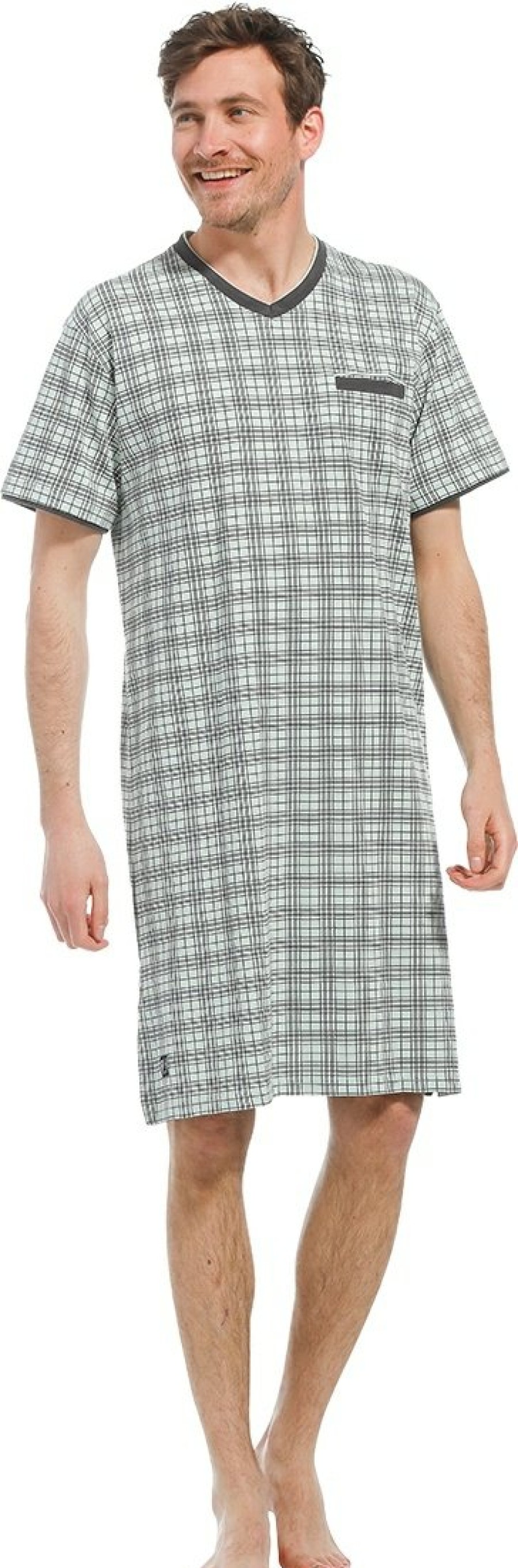 Pastunette for Men Nightshirts | Pastunette For Men Light Green Short Sleeve Cotton Nightshirt 'Checked Up'