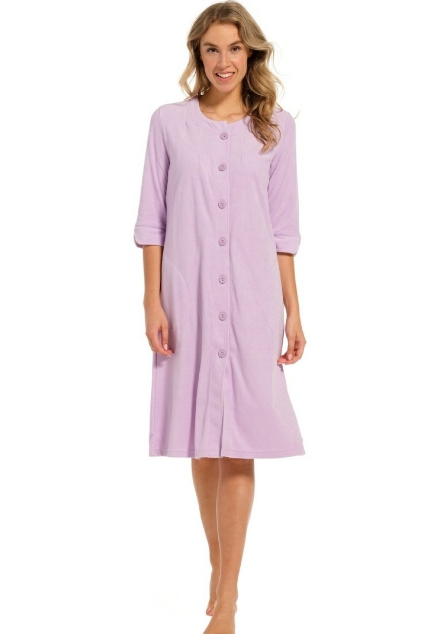 Pastunette Bathrobes | Pastunette Ladies Lilac Full Button 3/4 Sleeve Summer Cotton-Terry Morninggown