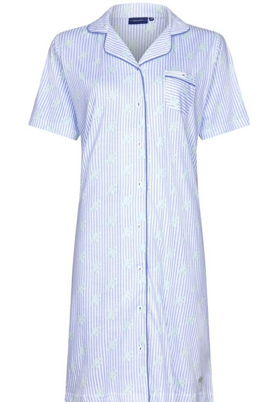 Pastunette Nightshirts | Pastunette Ladies Short Sleeve Organic Cotton Nightdress With Buttons 'Flowery Stripes'