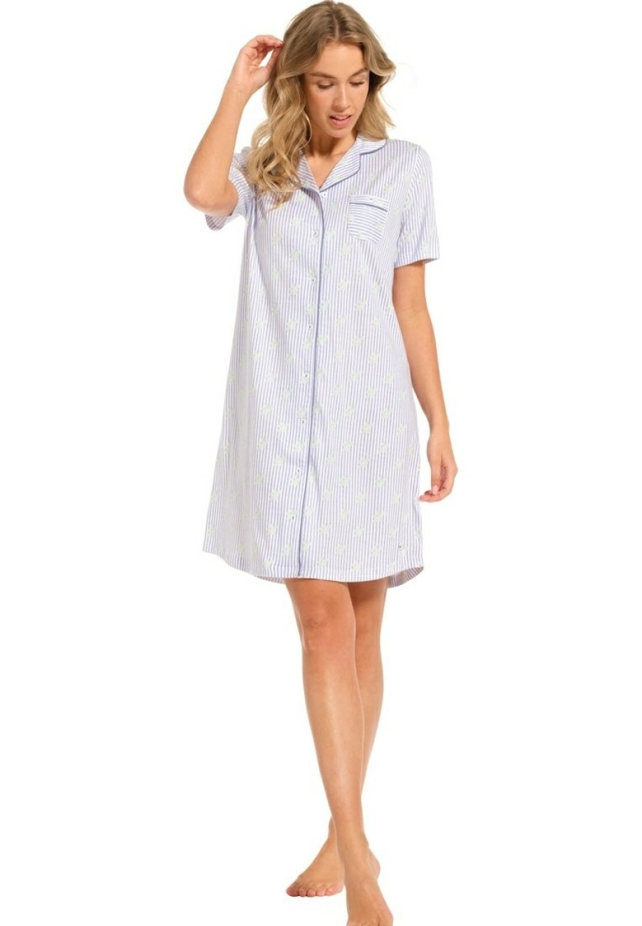 Pastunette Nightshirts | Pastunette Ladies Short Sleeve Organic Cotton Nightdress With Buttons 'Flowery Stripes'