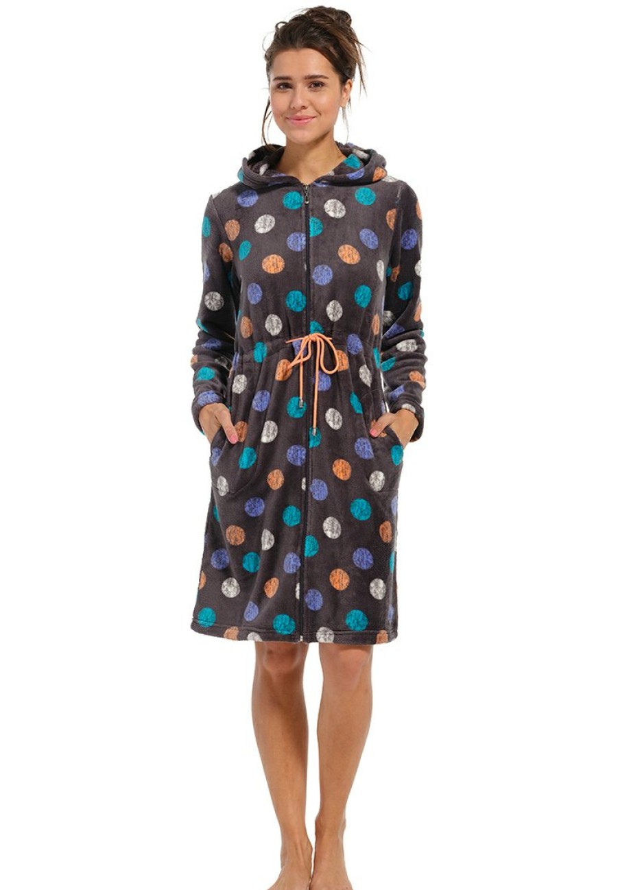 Rebelle Bathrobes | Rebelle Ladies Soft Coral Fleece Robe With Full Zip And Hood 'Completely Dotty'