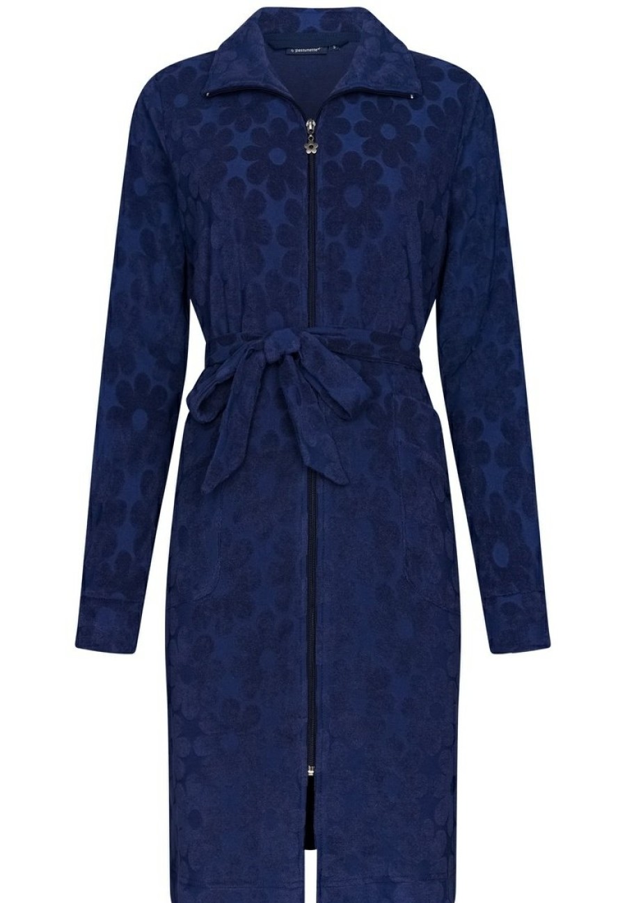 Rebelle Bathrobes | Rebelle Midnight Blue Embossed Cotton-Terry Morninggown With Zip 'Fabulous Flower'