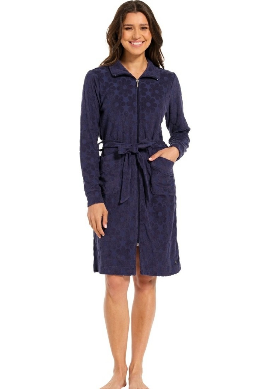 Rebelle Bathrobes | Rebelle Midnight Blue Embossed Cotton-Terry Morninggown With Zip 'Fabulous Flower'