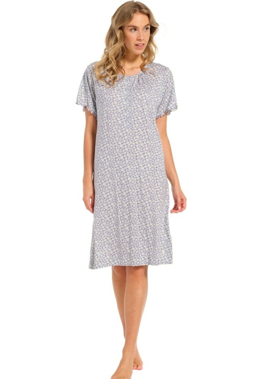 Pastunette Nightshirts | Pastunette Ladies Short Sleeve Nightdress With Buttons 'Flowery Blue'