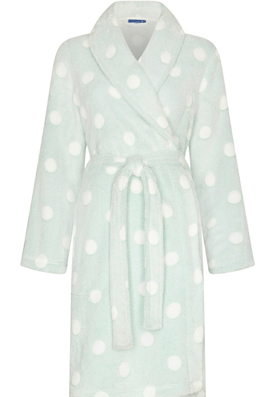 Pastunette Bathrobes | Pastunette Light Green Warm Fleece Wrap-Over Dressinggown 'Dotty Circles'