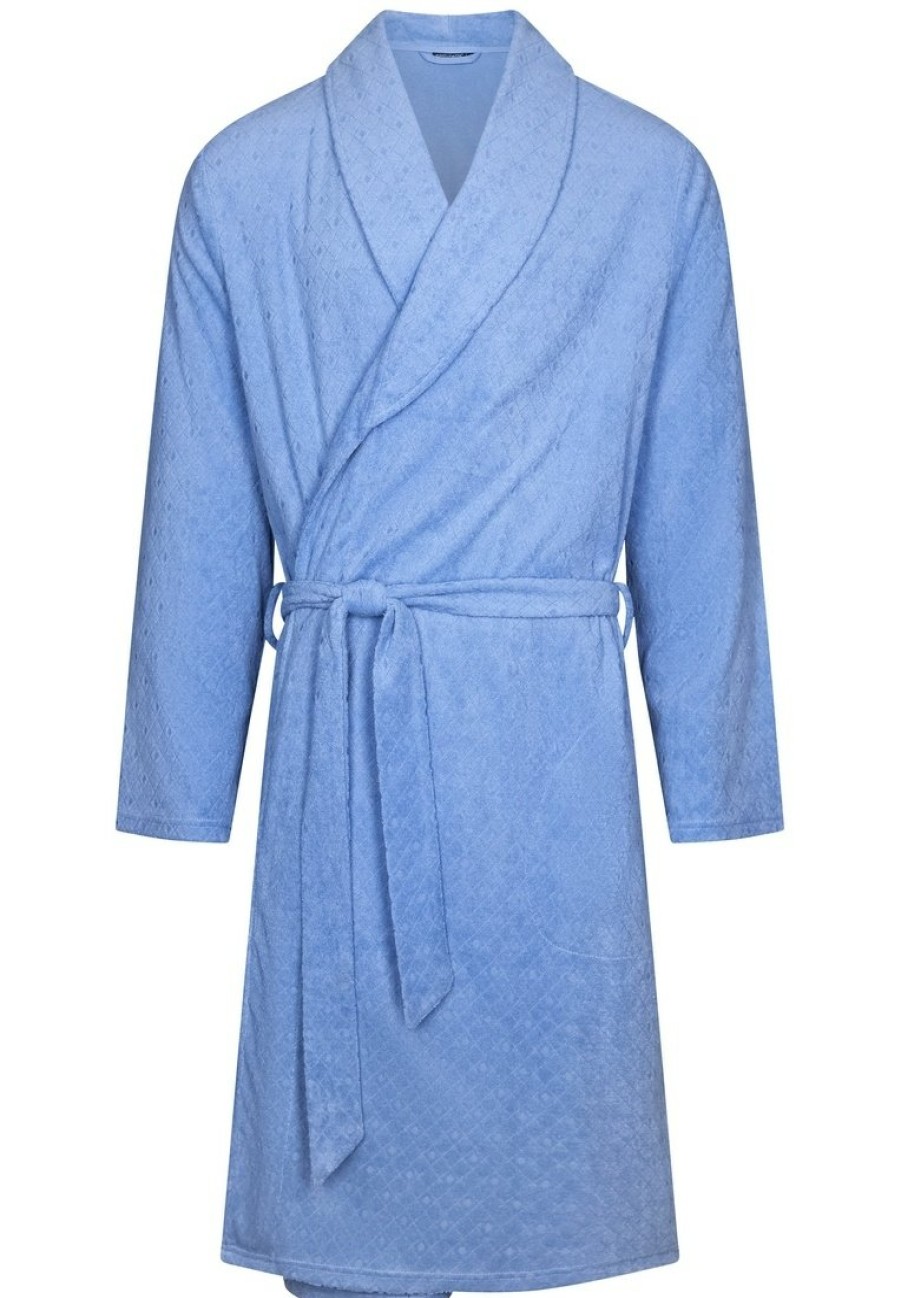 Pastunette for Men Bathrobes | Pastunette For Men Men'S Light Blue Cotton-Jacquard Terry Mix Wrap-Over Morning Gown With Belt