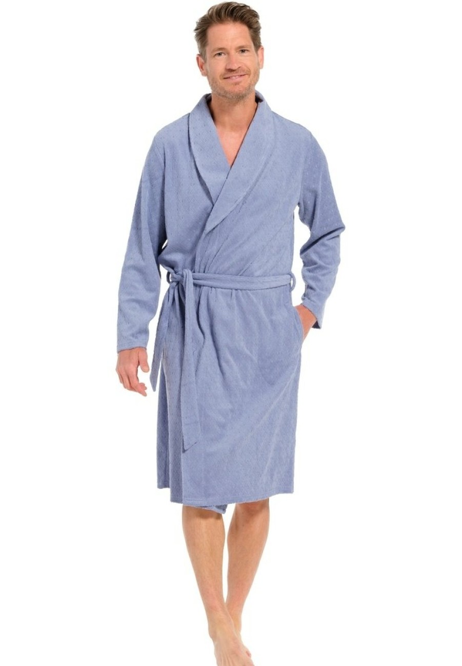 Pastunette for Men Bathrobes | Pastunette For Men Men'S Light Blue Cotton-Jacquard Terry Mix Wrap-Over Morning Gown With Belt