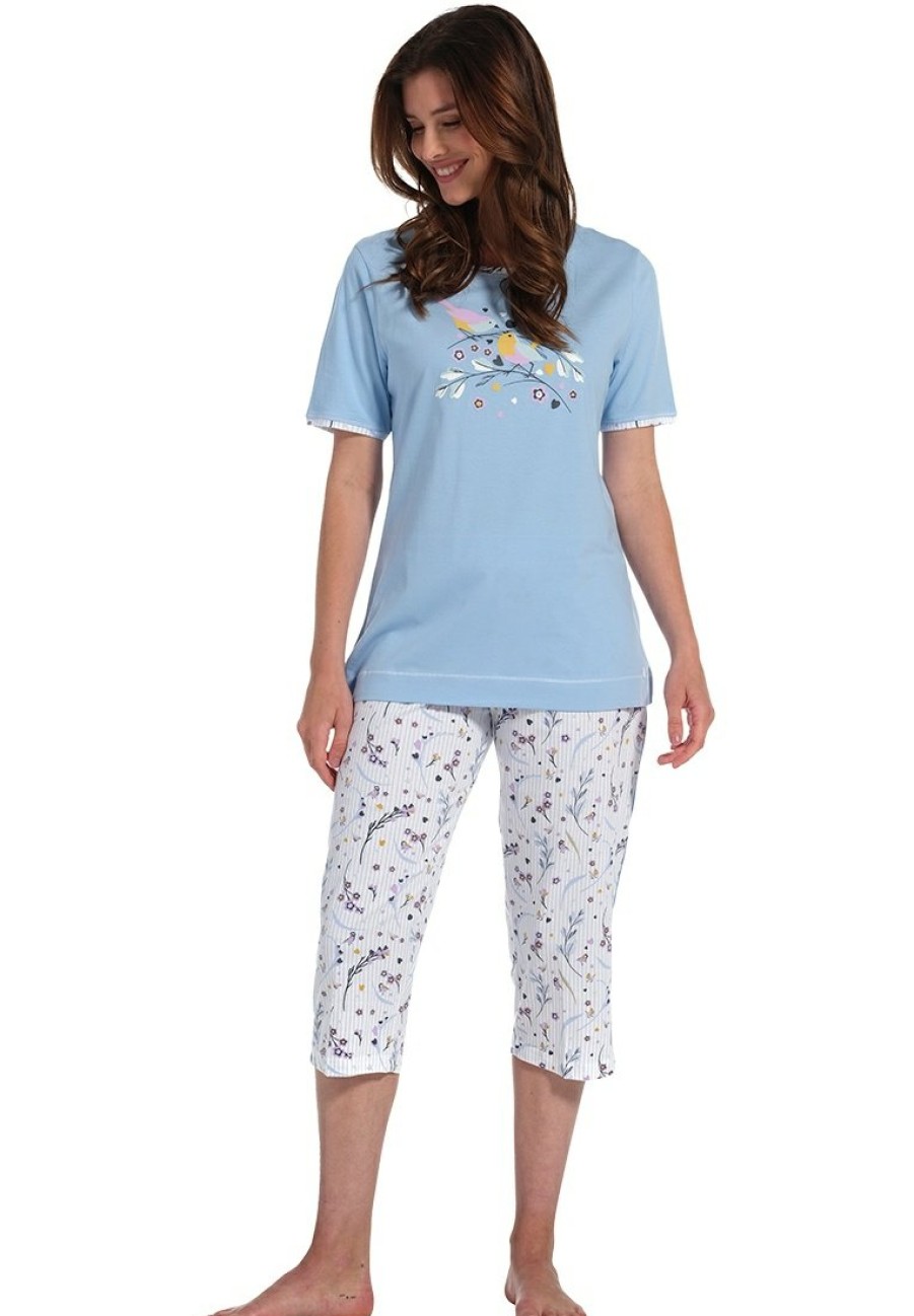 Pastunette Pyjamas | Pastunette Ladies Short Sleeve 3/4 Cotton Pyjama Set 'Dreamy Love Birds'