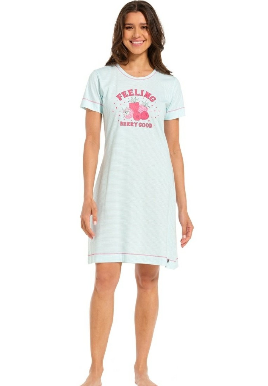 Rebelle Nightshirts | Rebelle Ladies Stripey Short Sleeve Cotton Single Jersey Nightdress 'Sweet Raspberry'