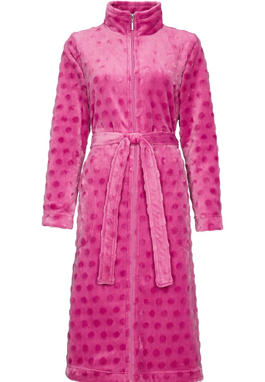 Pastunette Bathrobes | Pastunette Ladies Pink Soft Fleece Morninggown With Full Zip 'Dotty Circles'