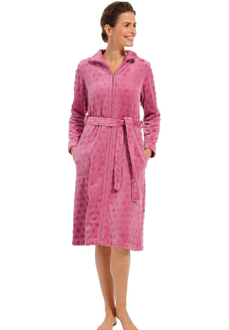 Pastunette Bathrobes | Pastunette Ladies Pink Soft Fleece Morninggown With Full Zip 'Dotty Circles'