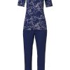 Pastunette Deluxe Pyjamas | Pastunette Deluxe Ladies Short Sleeve Dark Blue Summer Pyjama 'Floral Line Art'