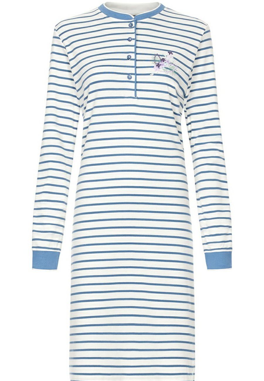 Pastunette Nightshirts | Pastunette Ladies Striped Cotton Nightdress With Buttons 'Pretty Jewel Flower'