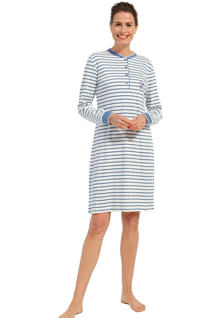 Pastunette Nightshirts | Pastunette Ladies Striped Cotton Nightdress With Buttons 'Pretty Jewel Flower'