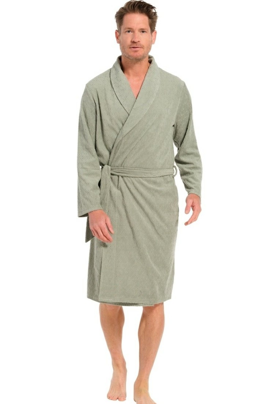 Pastunette for Men Bathrobes | Pastunette For Men Men'S Light Green Cotton-Jacquard Terry Mix Wrap-Over Morning Gown With Belt