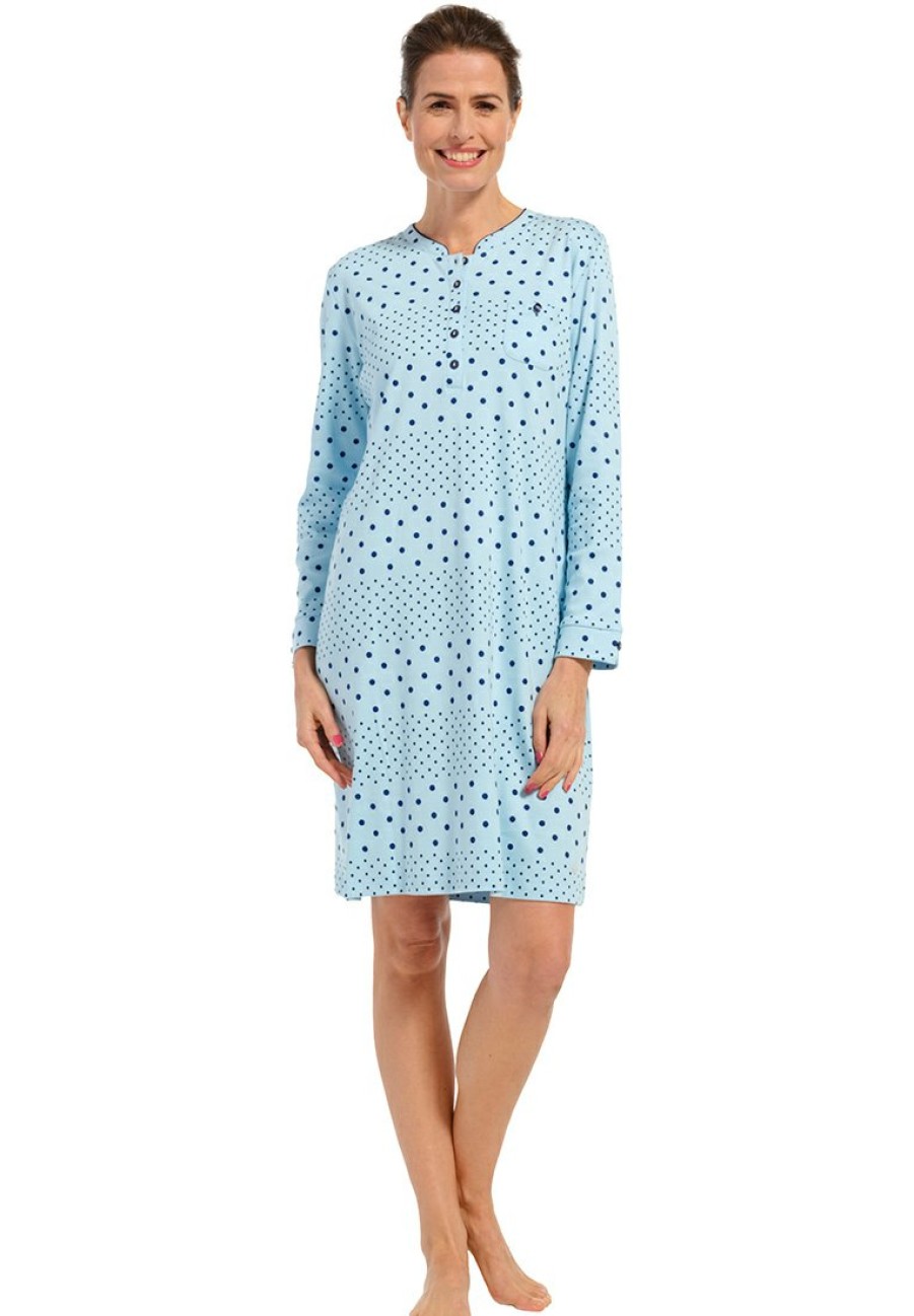 Pastunette Nightshirts | Pastunette Long Sleeve Light Blue Nightdress With Buttons 'Lots Of Dots'