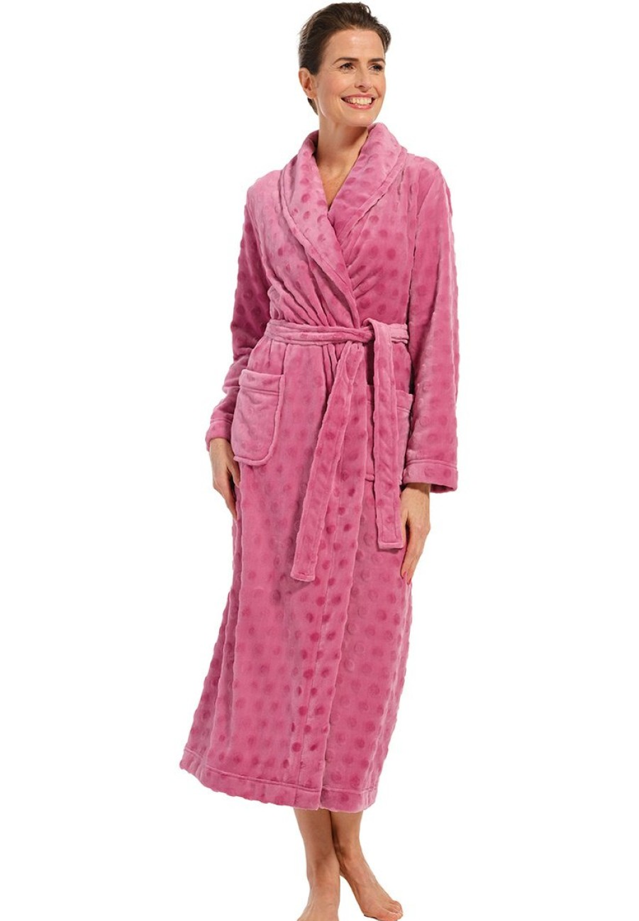 Pastunette Bathrobes | Pastunette Ladies Pink Soft Fleece Wrap-Over Long Morninggown 'Dotty Circles'