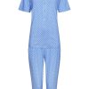 Pastunette Deluxe Pyjamas | Pastunette Deluxe Ladies Short Sleeve Luxury Blue 3/4 Pyjama With Buttons 'Little White Flowers'