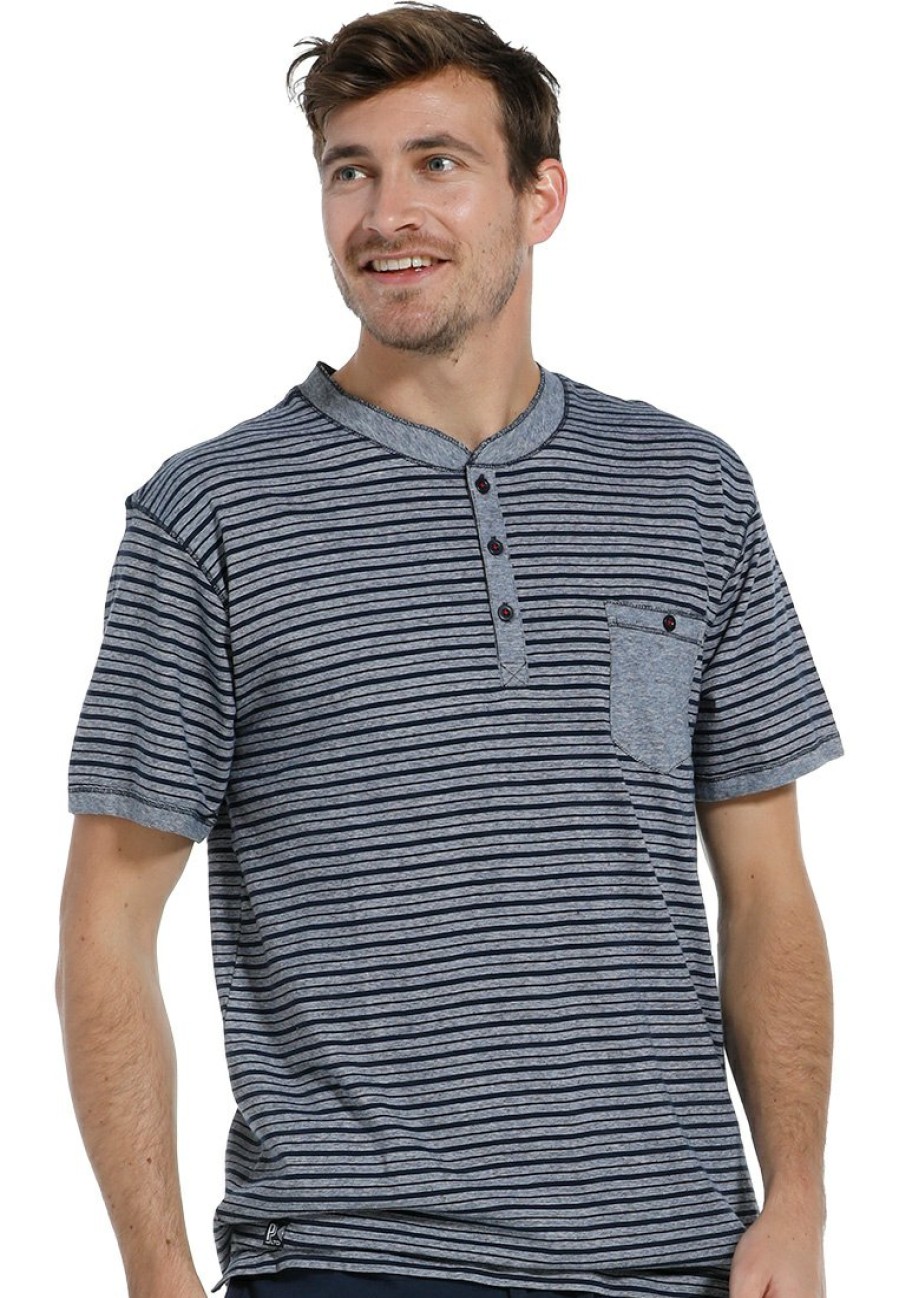 Pastunette for Men Mix & Match | Pastunette For Men Mens Mix & Match Stripey Short Sleeve, Cotton Top With 4 Buttons