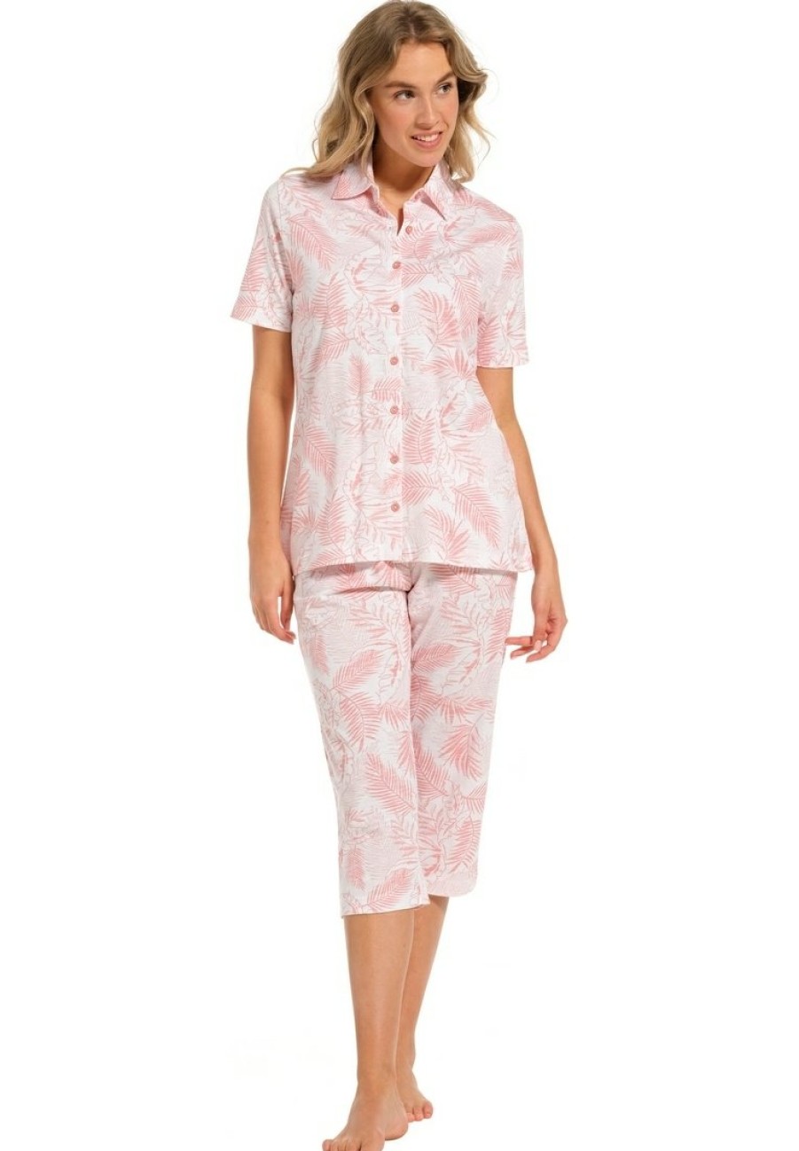 Pastunette Pyjamas | Pastunette Ladies Short Sleeve Full Button Organic Cotton Pyjama Set 'Outdoor Life Pink'