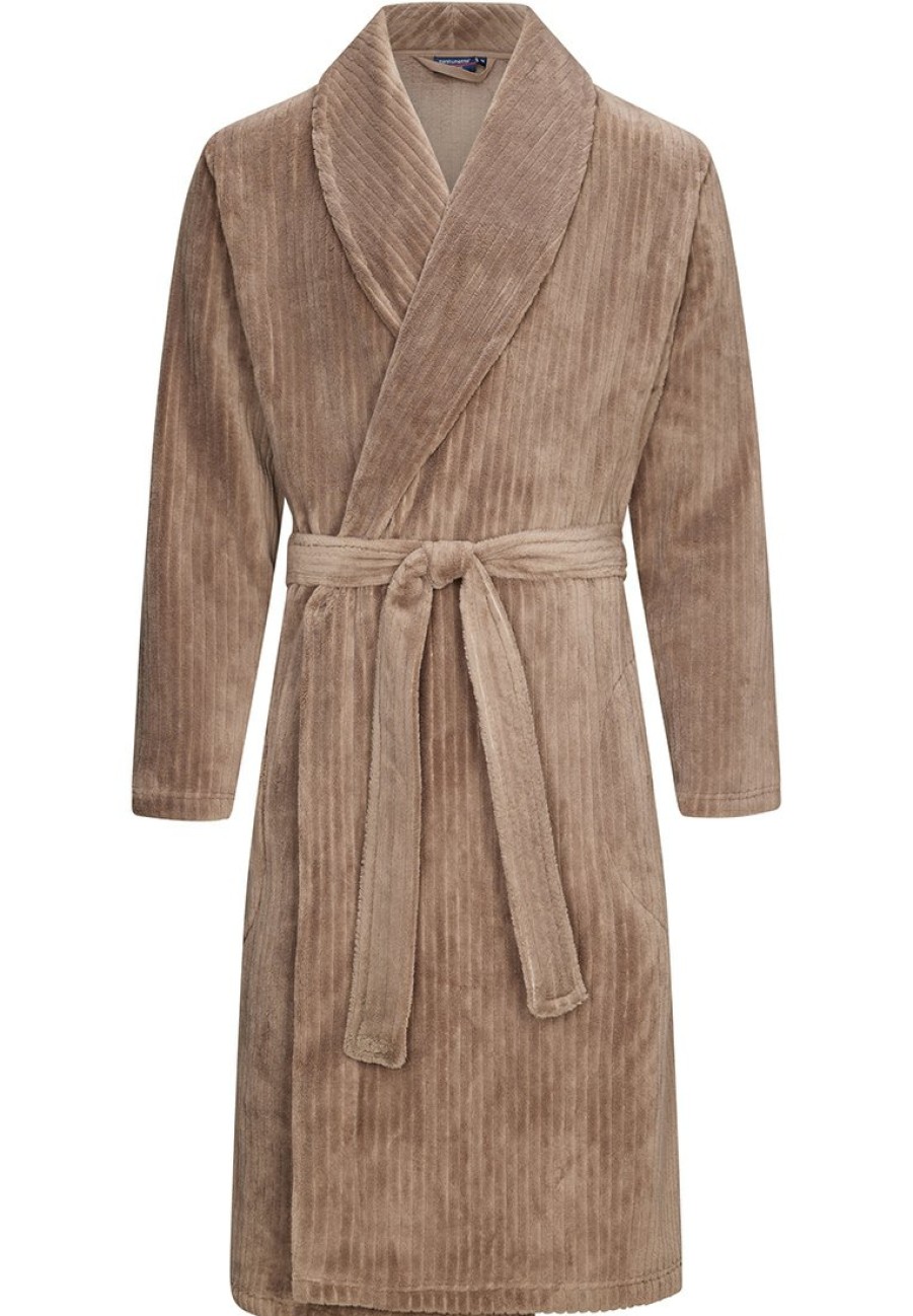 Pastunette for Men Bathrobes | Pastunette For Men Mens Light Brown Wrap-Over Fleece Robe 'Cool Trendy Lines'