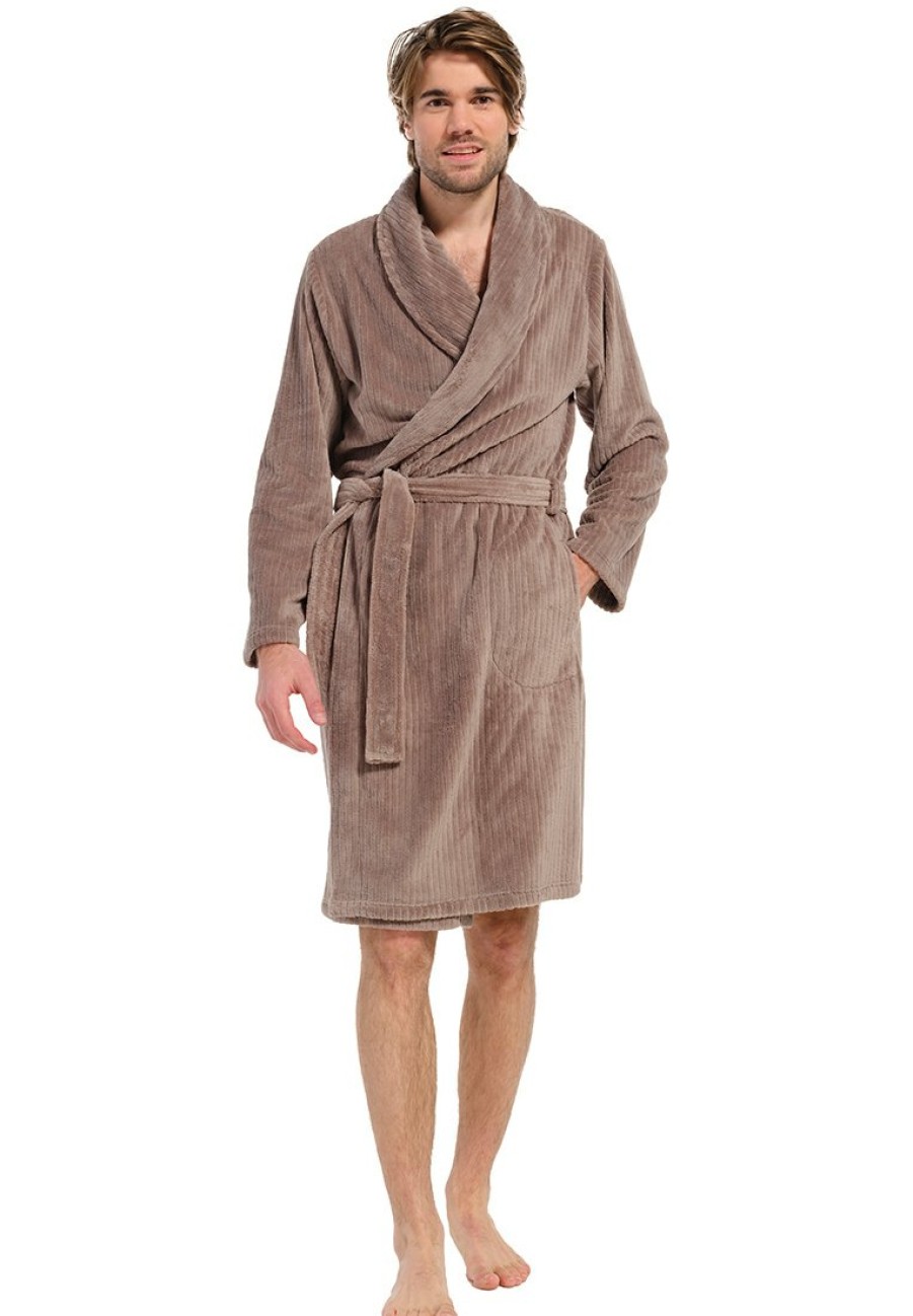 Pastunette for Men Bathrobes | Pastunette For Men Mens Light Brown Wrap-Over Fleece Robe 'Cool Trendy Lines'