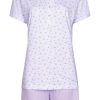 Pastunette Shorty Sets | Pastunette Ladies Short Sleeve Cotton Shorty Set With Buttons 'Flowery Lilac Stripes'