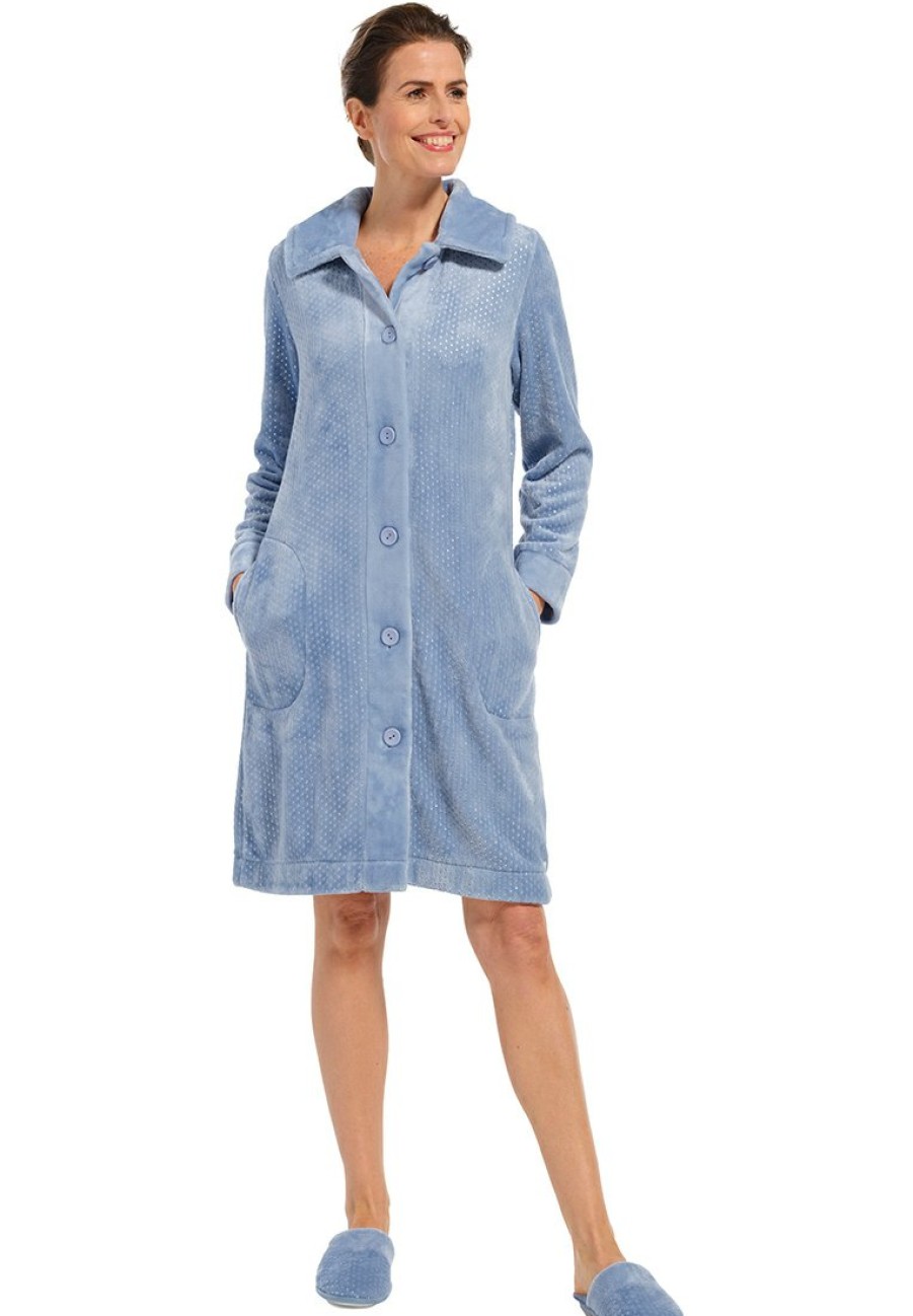 Pastunette Bathrobes | Pastunette Warm Soft Fleece Full Button Morninggown 'Tiny Dots'