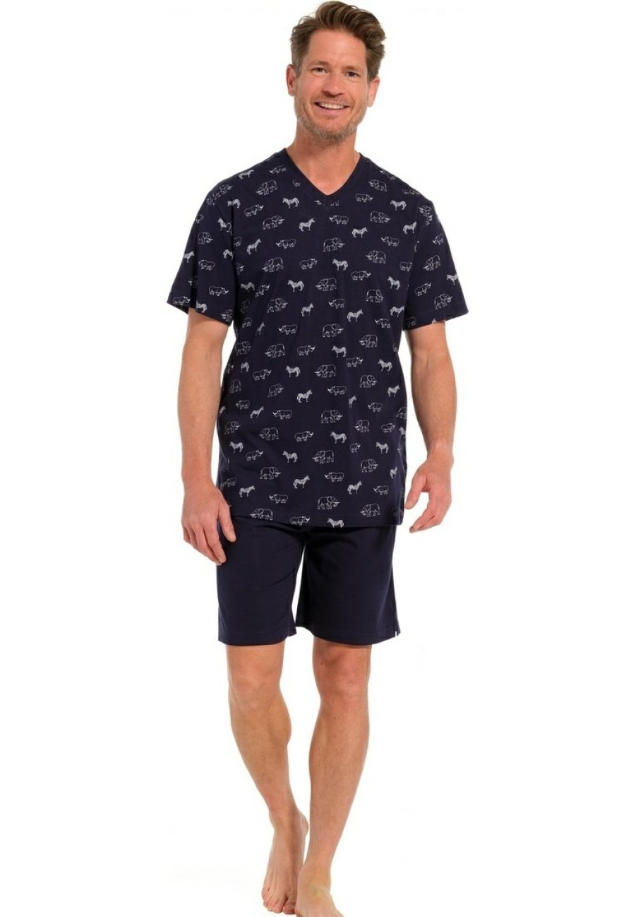 Pastunette for Men Shorty Set | Pastunette For Men Men'S Blue 'V' Neck Cotton Single Jersey Shorty Set 'At The Zoo'