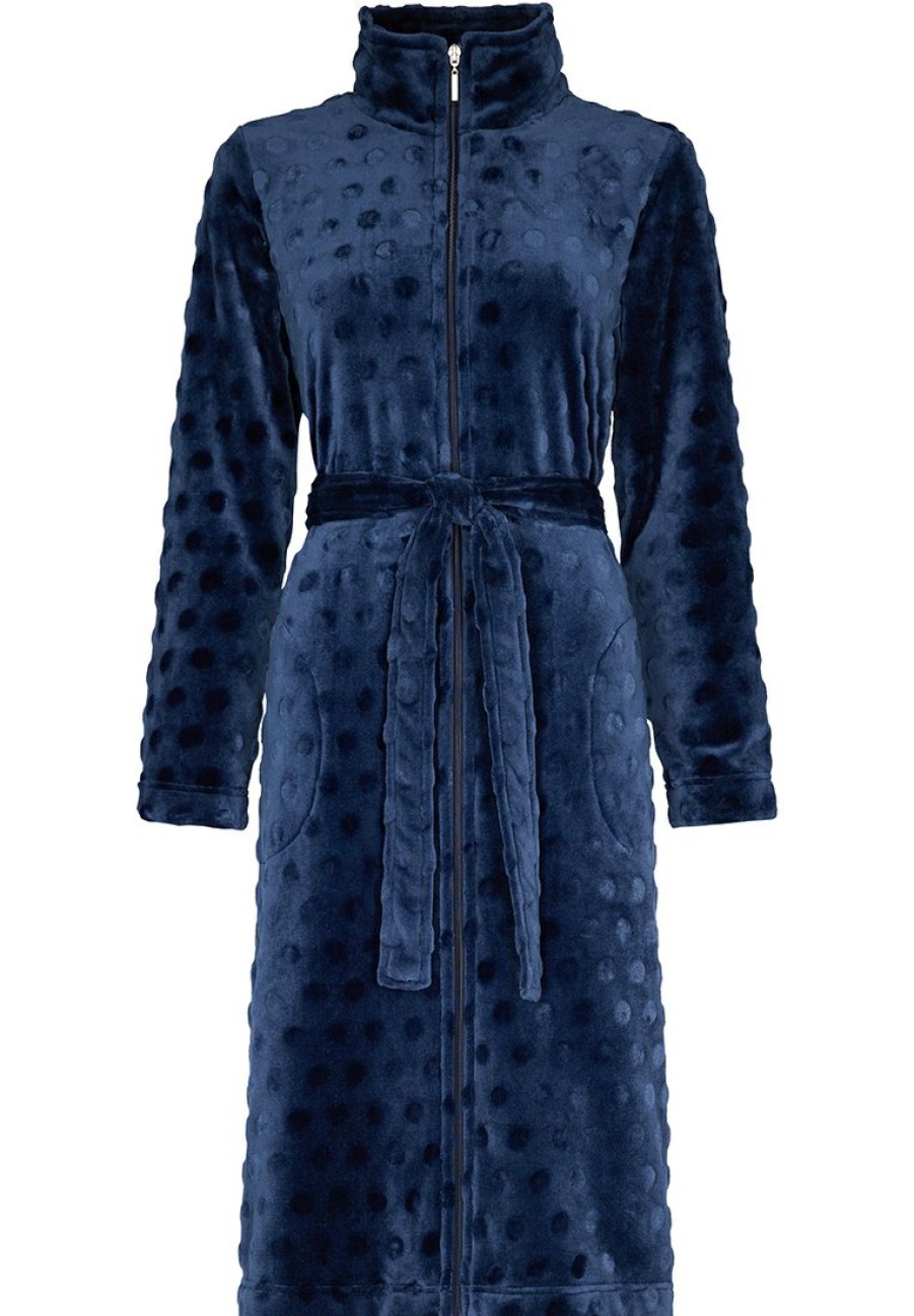 Pastunette Bathrobes | Pastunette Ladies Dark Blue Soft Fleece Morninggown With Full Zip 'Dotty Circles'